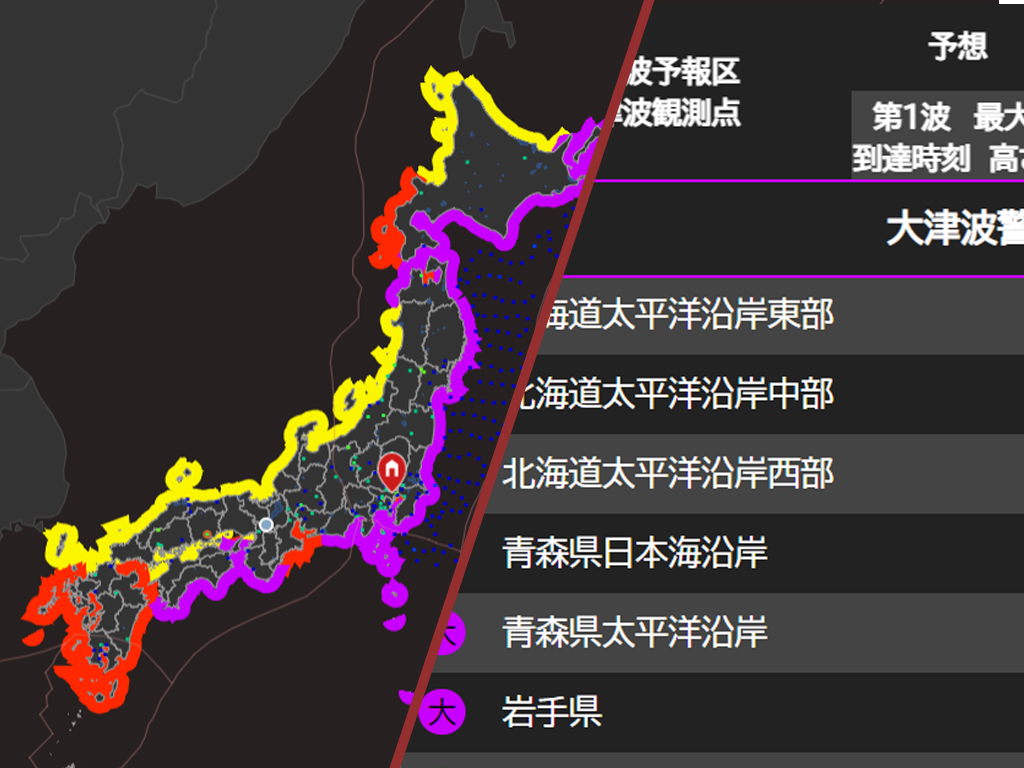 Zero Quakeでの津波情報表示の様子